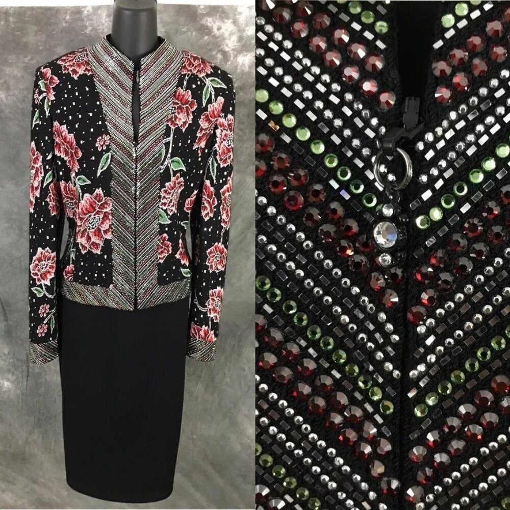 STUNNING St John couture knit red green black multi rhinestones skirt suit 10